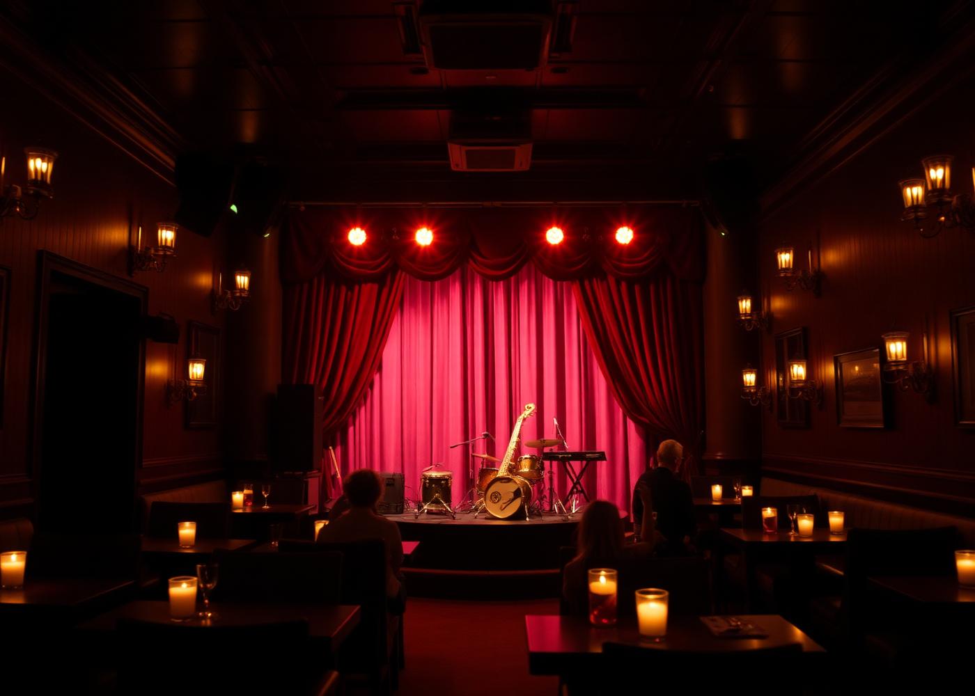 Warmly lit jazz club interior with a small stage and candlelit tables