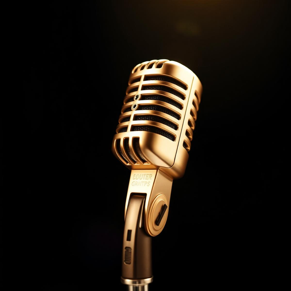 Vintage gold ribbon microphone lit against a dark background